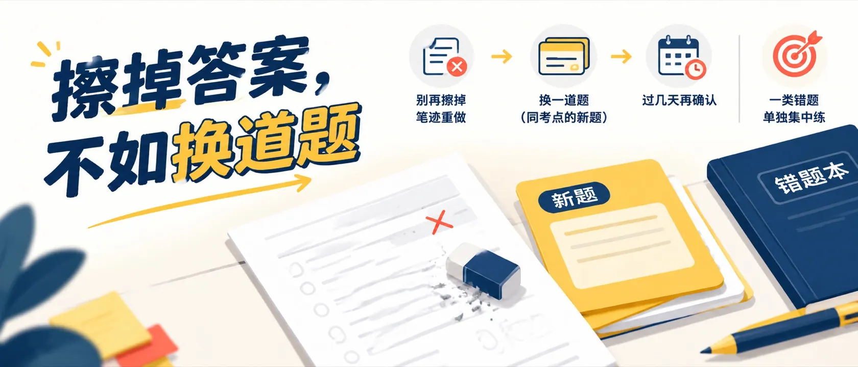 擦掉答案,不如换道题:别再擦掉笔迹重做,换一道同考点的新题,过几天再确认,一类错题单独集中练